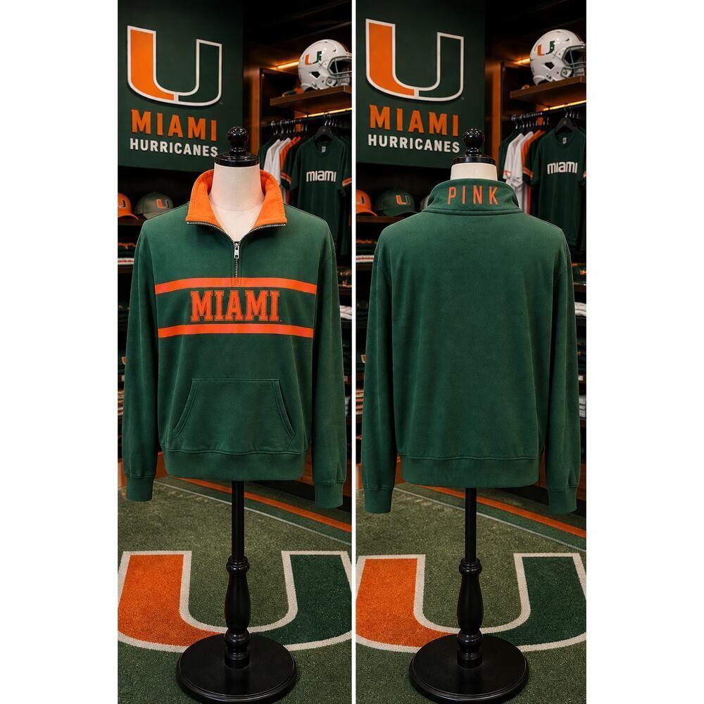 PINK VS Miami Hurricanes Quarter Zip Pullover XS Green Orange
